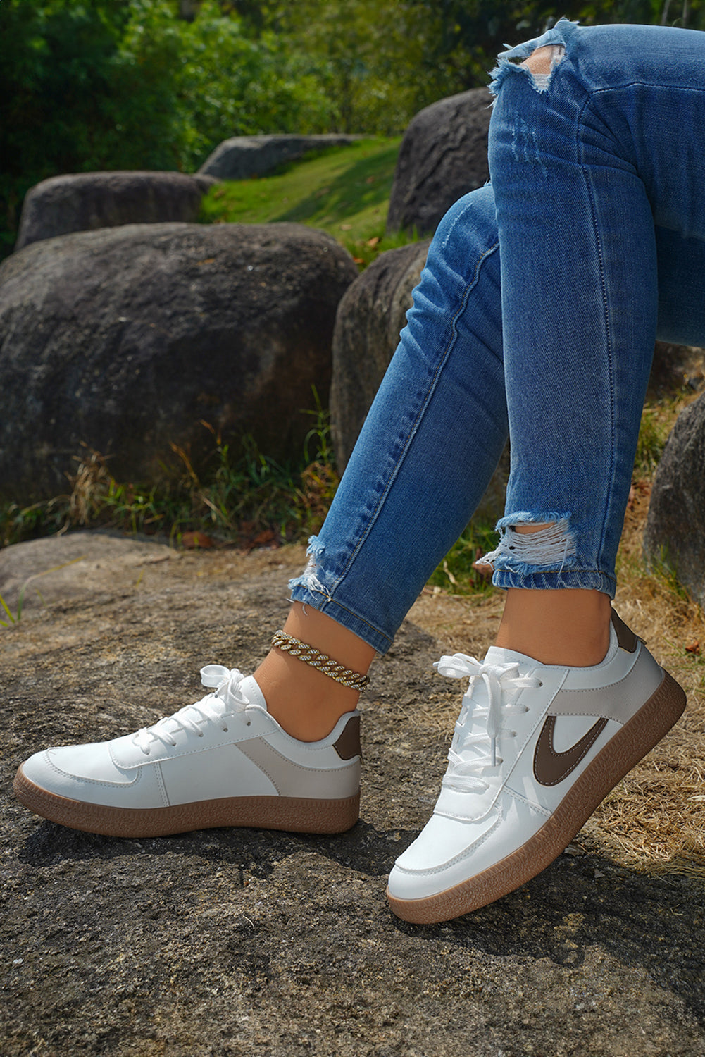 Navy Blue PU Leather Lace Up Sneakers