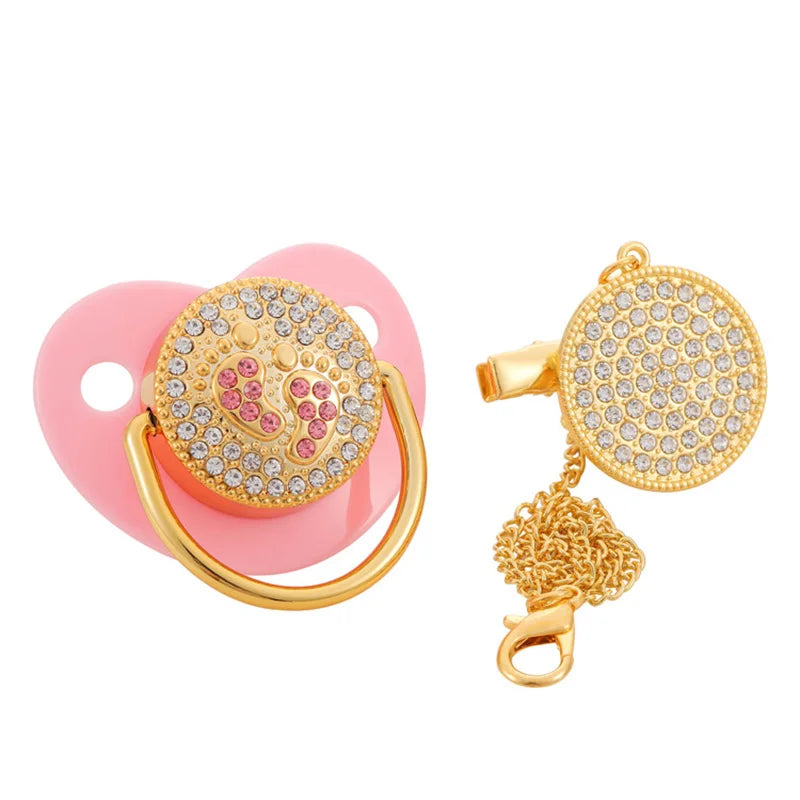 Baby Luxury Pacifier with Pacifier Clip Silicone BPA Free Infant Nipple for Newborn Baby Shower Gold Bling Dummy Holder Soother