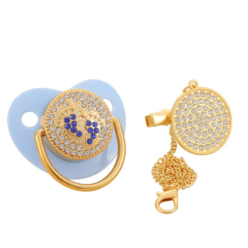 Baby Luxury Pacifier with Pacifier Clip Silicone BPA Free Infant Nipple for Newborn Baby Shower Gold Bling Dummy Holder Soother