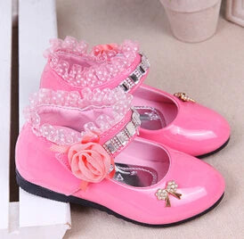 New Flower Girls Shoes Spring Autumn Princess Lace PU Leather Shoes  For 3-11 Ages