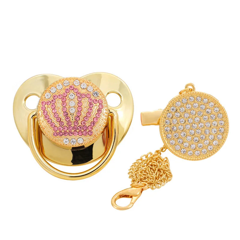 Baby Luxury Pacifier with Pacifier Clip Silicone BPA Free Infant Nipple for Newborn Baby Shower Gold Bling Dummy Holder Soother