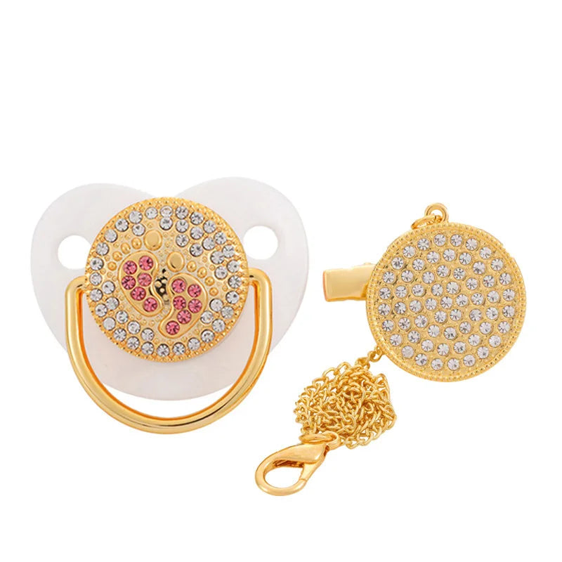 Baby Luxury Pacifier with Pacifier Clip Silicone BPA Free Infant Nipple for Newborn Baby Shower Gold Bling Dummy Holder Soother
