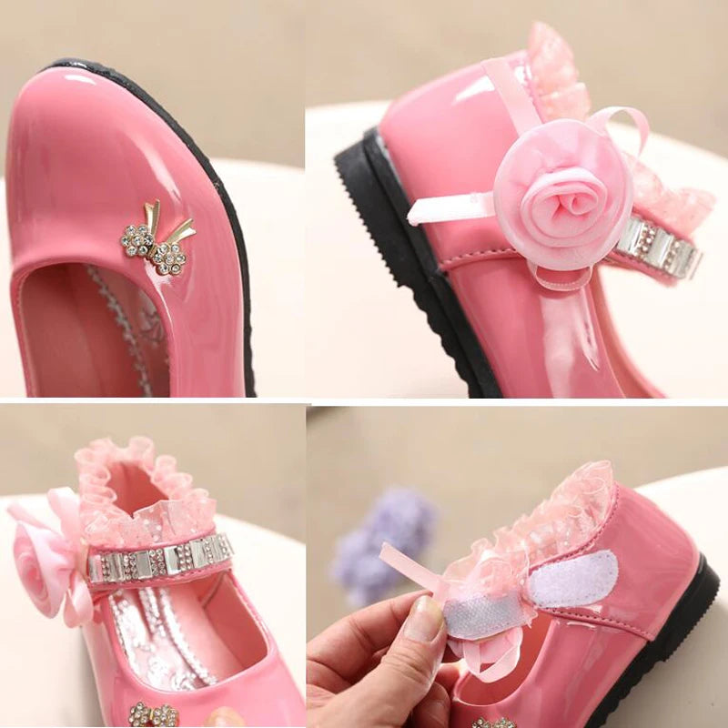 New Flower Girls Shoes Spring Autumn Princess Lace PU Leather Shoes  For 3-11 Ages