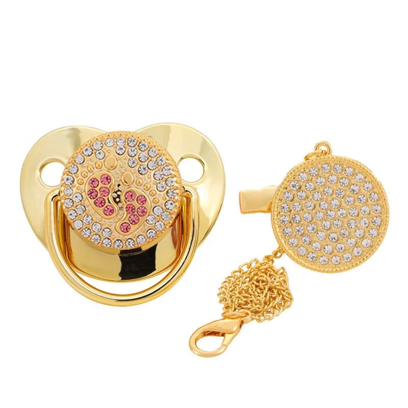 Baby Luxury Pacifier with Pacifier Clip Silicone BPA Free Infant Nipple for Newborn Baby Shower Gold Bling Dummy Holder Soother