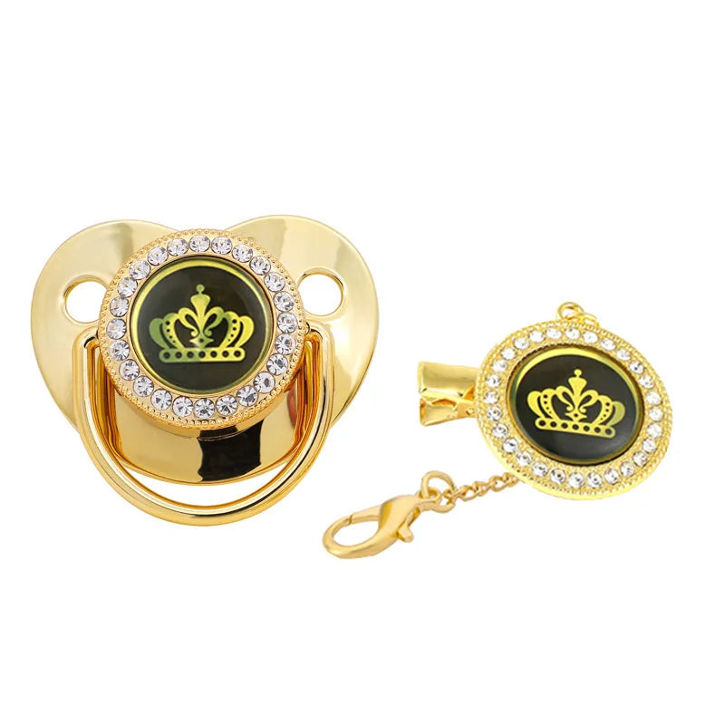 Baby Luxury Pacifier with Pacifier Clip Silicone BPA Free Infant Nipple for Newborn Baby Shower Gold Bling Dummy Holder Soother