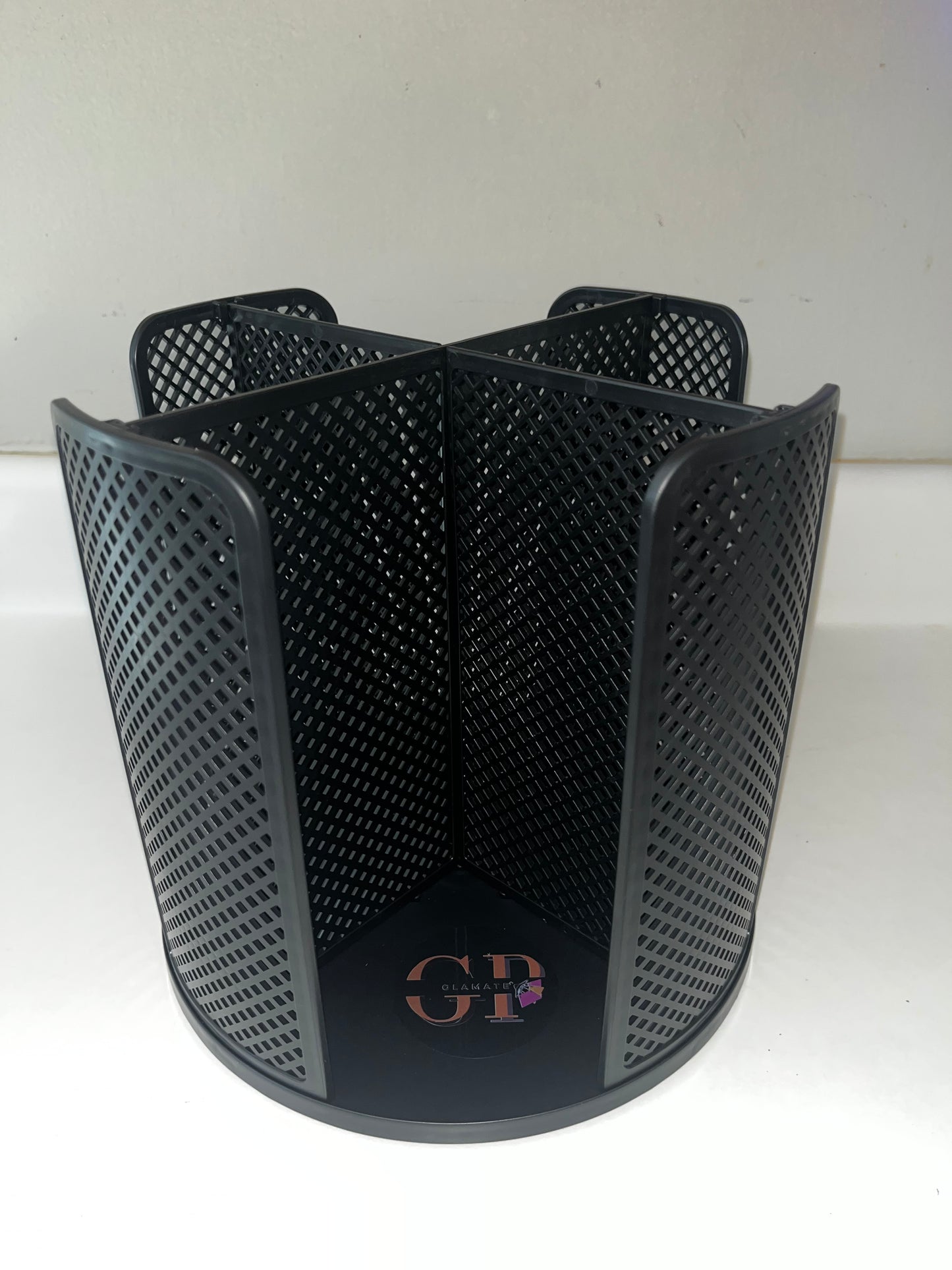Glamate Black Rotating Desk Organizer – 5-Compartment Modern Storage Caddy with GP Logo – Multi-Purpose Holder for Office Supplies, Makeup, Pens or Tools