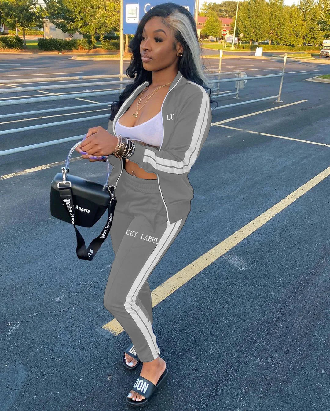 2024 European and American Women's Fashion Letter Embroidered Zipper Sports Two-piece Set