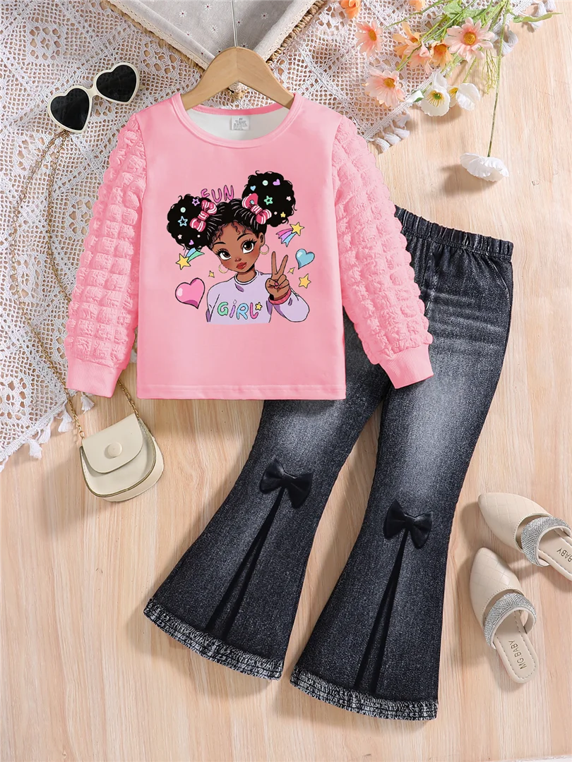Spring and Autumn Girls' Fashion Set with White Round Neck Cartoon Printed Long Sleeve