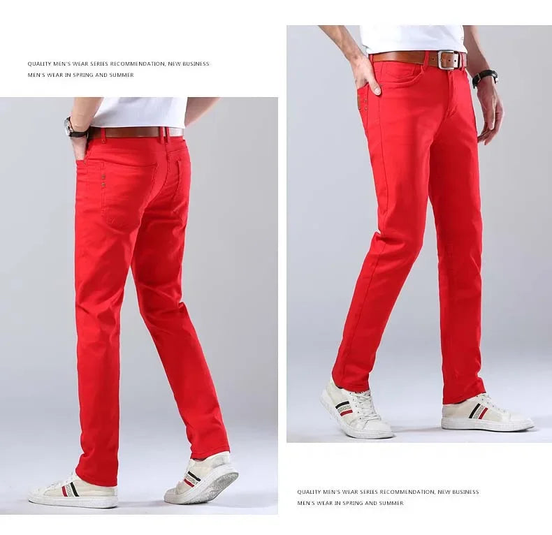 2024 Autumn New Men's Bright Stretch Fit Jeans Trendy Denim Straight-leg Trousers Male Red Lake Blue Yellow Trousers
