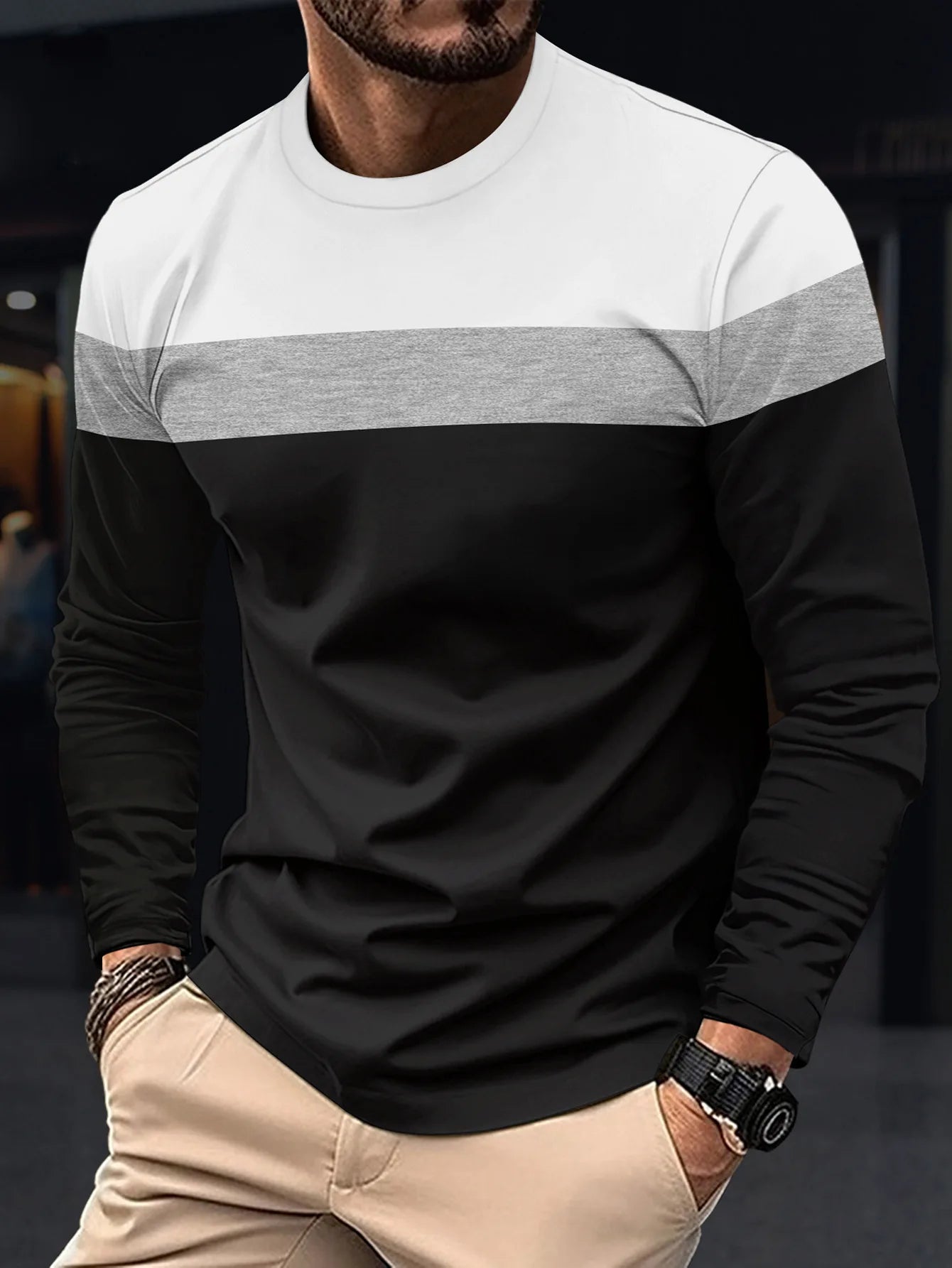 New Men's Casual Round Neck Long Sleeved T-shirt casual tops
