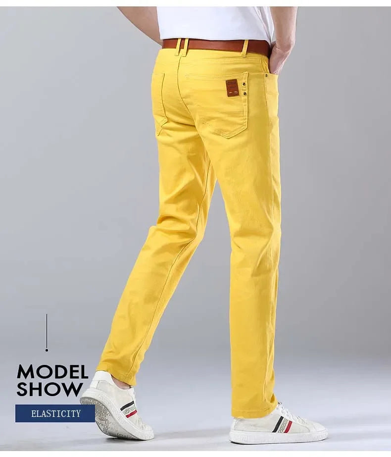 2024 Autumn New Men's Bright Stretch Fit Jeans Trendy Denim Straight-leg Trousers Male Red Lake Blue Yellow Trousers