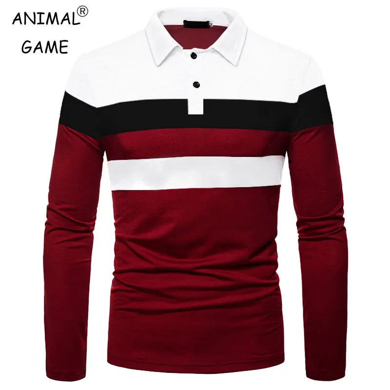 Fashion Men Long Sleeve Polo Shirt Splicing