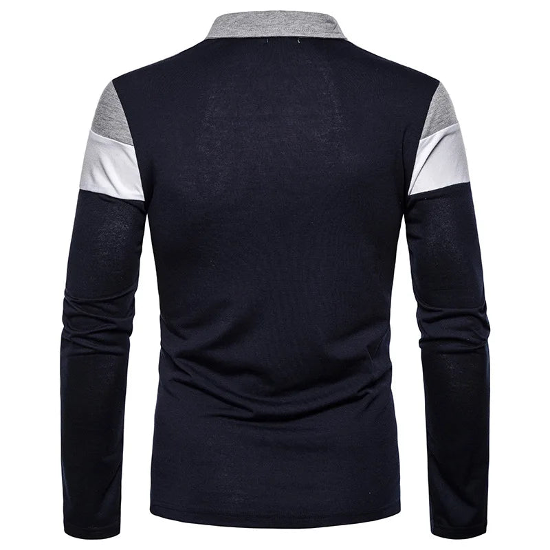 Fashion Men Long Sleeve Polo Shirt Splicing