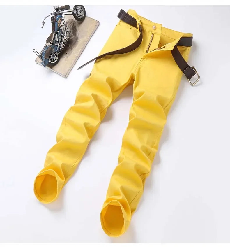 2024 Autumn New Men's Bright Stretch Fit Jeans Trendy Denim Straight-leg Trousers Male Red Lake Blue Yellow Trousers
