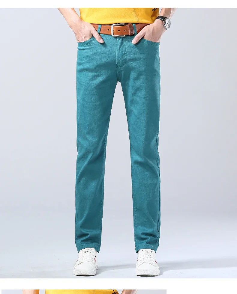 2024 Autumn New Men's Bright Stretch Fit Jeans Trendy Denim Straight-leg Trousers Male Red Lake Blue Yellow Trousers