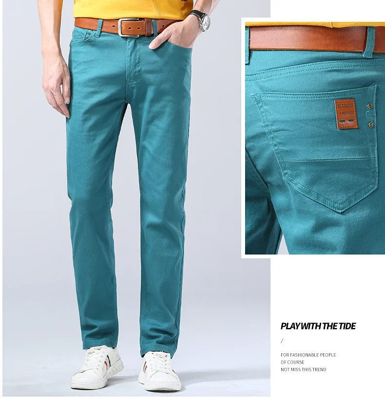 2024 Autumn New Men's Bright Stretch Fit Jeans Trendy Denim Straight-leg Trousers Male Red Lake Blue Yellow Trousers