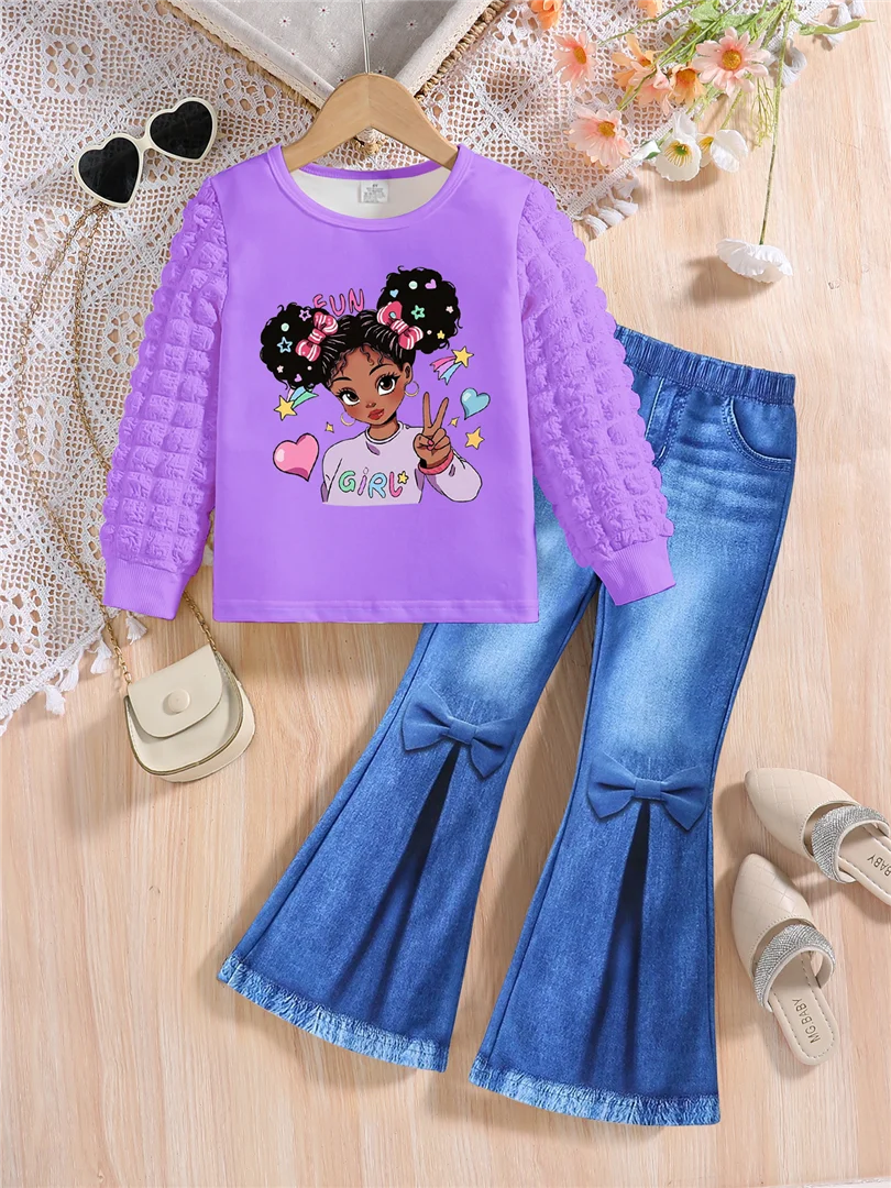 Spring and Autumn Girls' Fashion Set with White Round Neck Cartoon Printed Long Sleeve