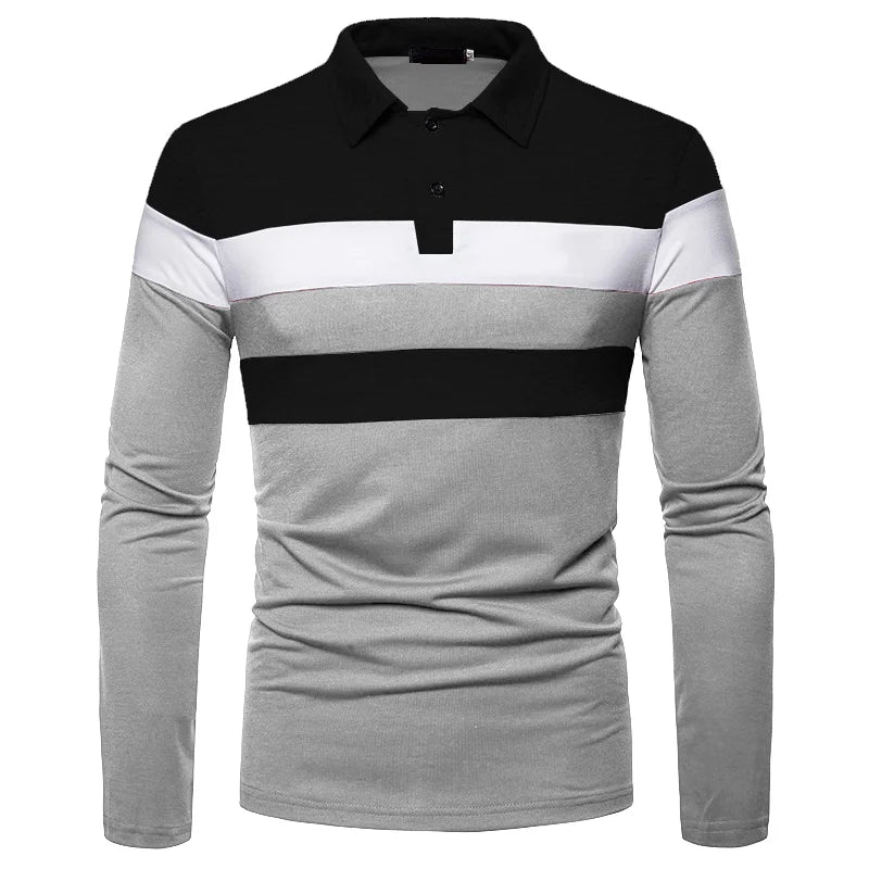 Fashion Men Long Sleeve Polo Shirt Splicing