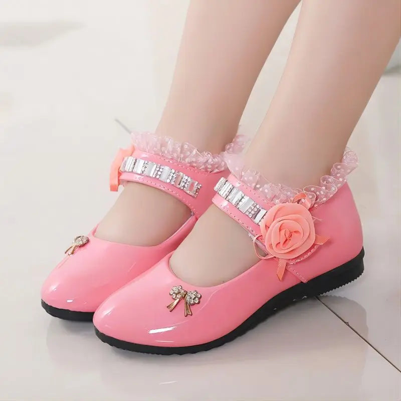 New Flower Girls Shoes Spring Autumn Princess Lace PU Leather Shoes  For 3-11 Ages