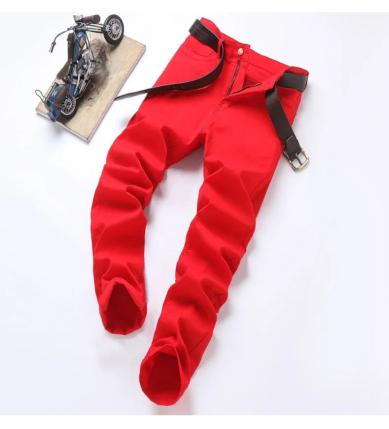 2024 Autumn New Men's Bright Stretch Fit Jeans Trendy Denim Straight-leg Trousers Male Red Lake Blue Yellow Trousers
