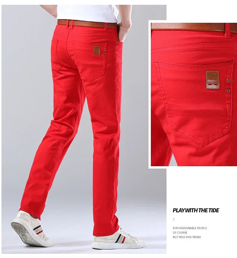2024 Autumn New Men's Bright Stretch Fit Jeans Trendy Denim Straight-leg Trousers Male Red Lake Blue Yellow Trousers