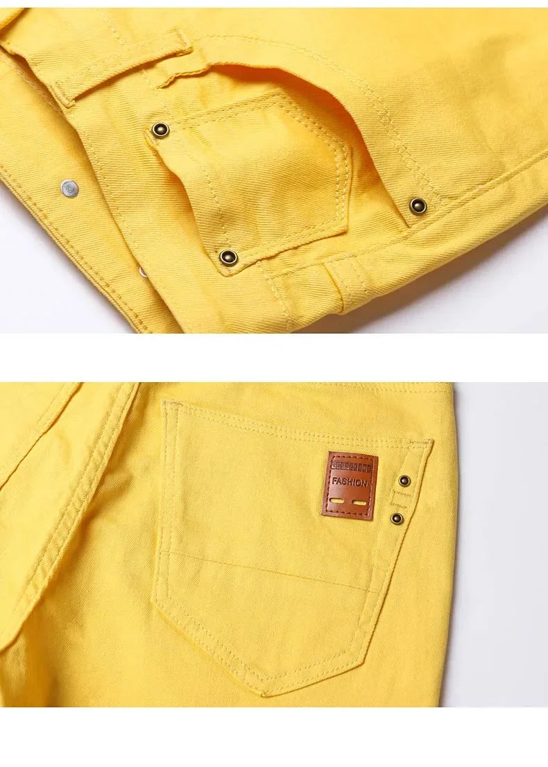 2024 Autumn New Men's Bright Stretch Fit Jeans Trendy Denim Straight-leg Trousers Male Red Lake Blue Yellow Trousers