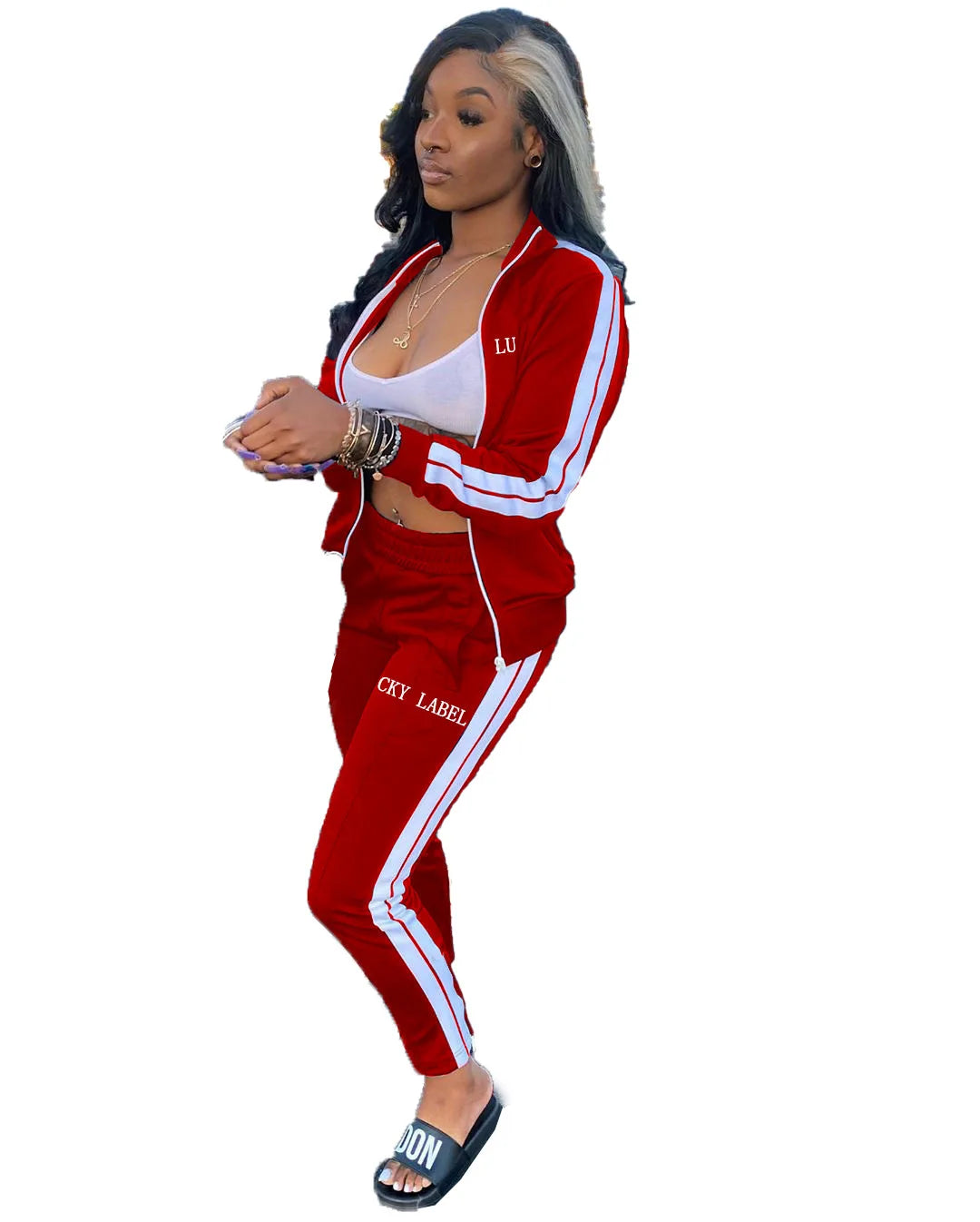2024 European and American Women's Fashion Letter Embroidered Zipper Sports Two-piece Set