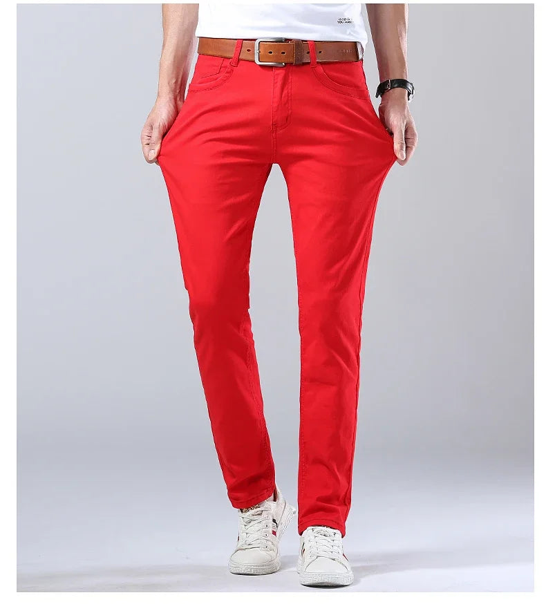 2024 Autumn New Men's Bright Stretch Fit Jeans Trendy Denim Straight-leg Trousers Male Red Lake Blue Yellow Trousers