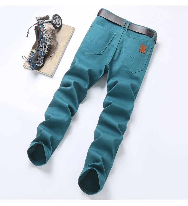 2024 Autumn New Men's Bright Stretch Fit Jeans Trendy Denim Straight-leg Trousers Male Red Lake Blue Yellow Trousers
