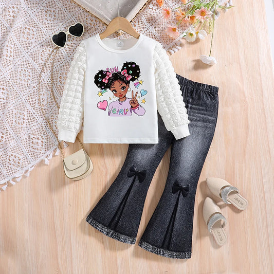 Spring and Autumn Girls' Fashion Set with White Round Neck Cartoon Printed Long Sleeve