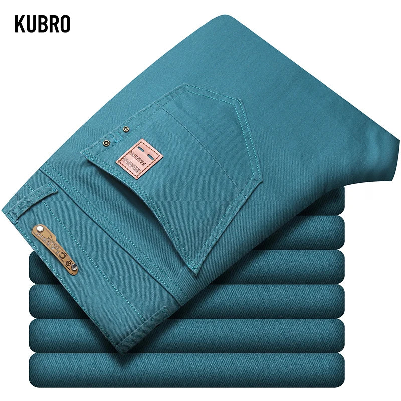 2024 Autumn New Men's Bright Stretch Fit Jeans Trendy Denim Straight-leg Trousers Male Red Lake Blue Yellow Trousers