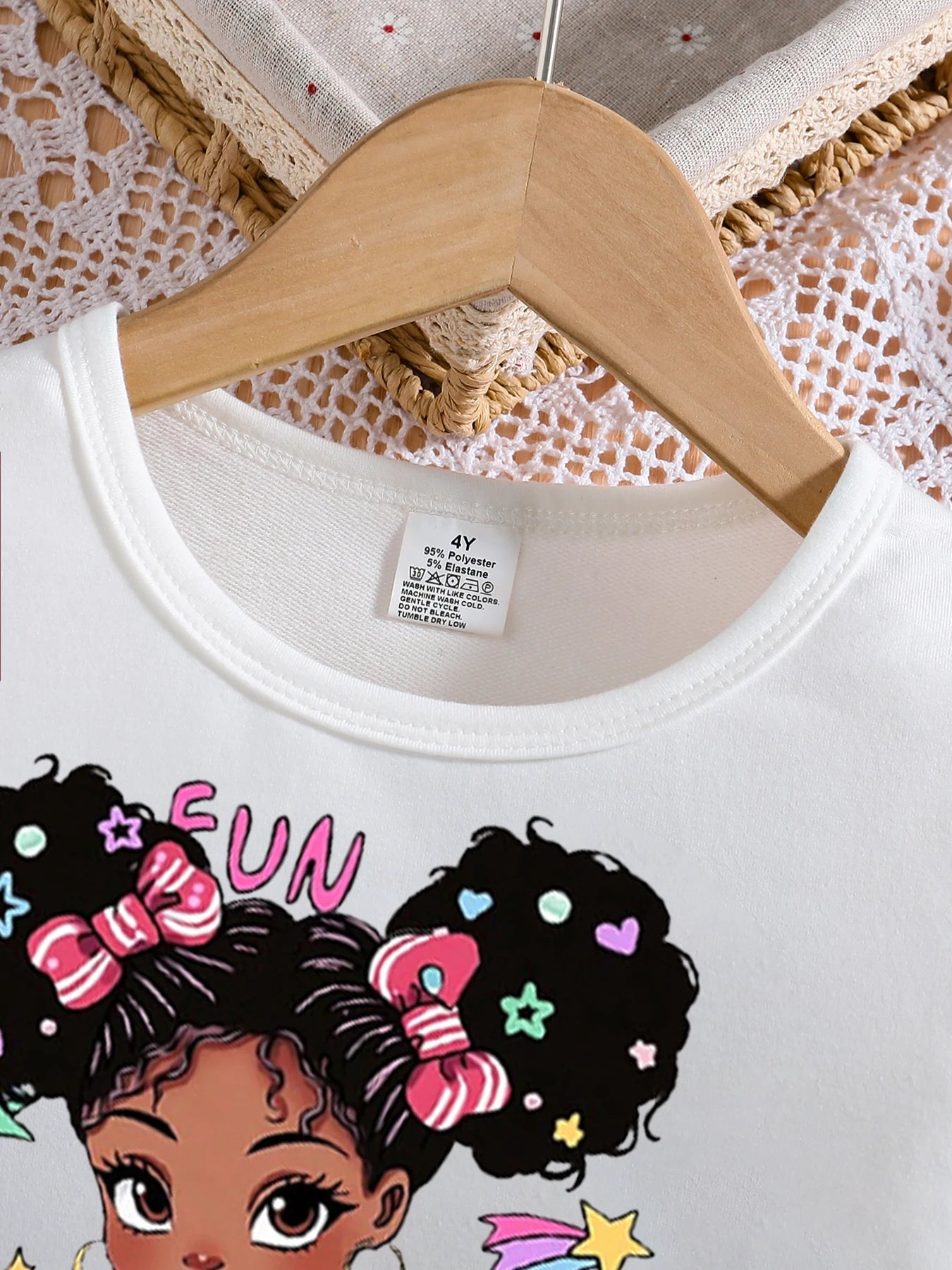 Spring and Autumn Girls' Fashion Set with White Round Neck Cartoon Printed Long Sleeve