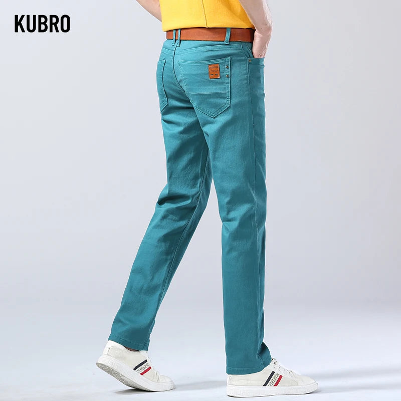 2024 Autumn New Men's Bright Stretch Fit Jeans Trendy Denim Straight-leg Trousers Male Red Lake Blue Yellow Trousers