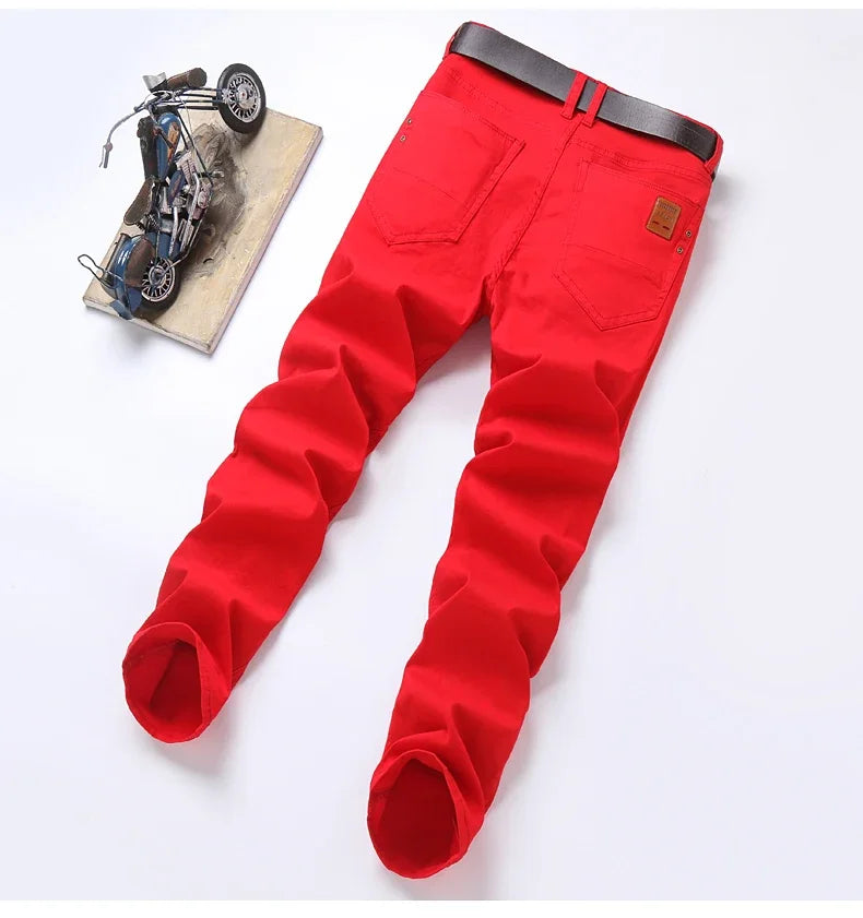 2024 Autumn New Men's Bright Stretch Fit Jeans Trendy Denim Straight-leg Trousers Male Red Lake Blue Yellow Trousers