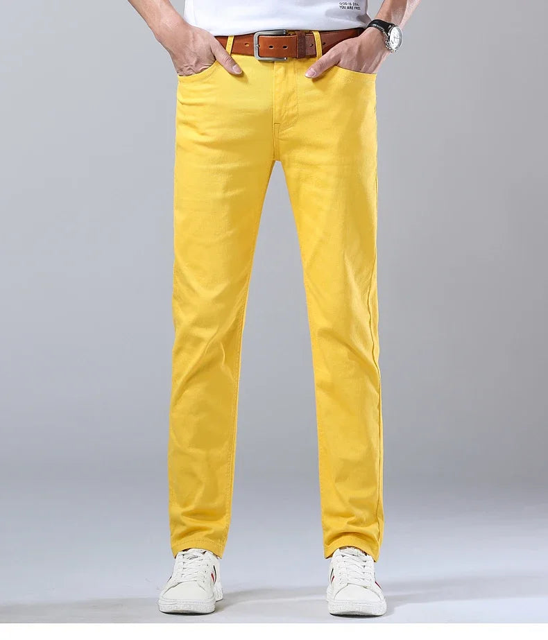 2024 Autumn New Men's Bright Stretch Fit Jeans Trendy Denim Straight-leg Trousers Male Red Lake Blue Yellow Trousers