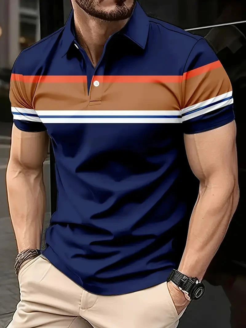 Men's Casual Striped Printed Golf Shirt - Breathable Polyester Fiber