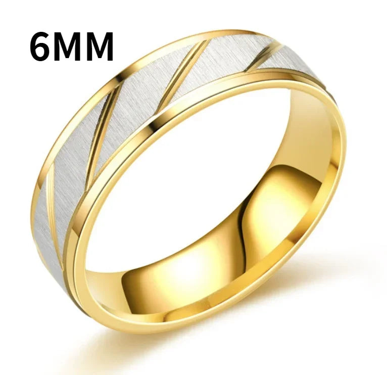 Fashion Gold Stripes Couple Rings 6mm 4mm Stainless Steel