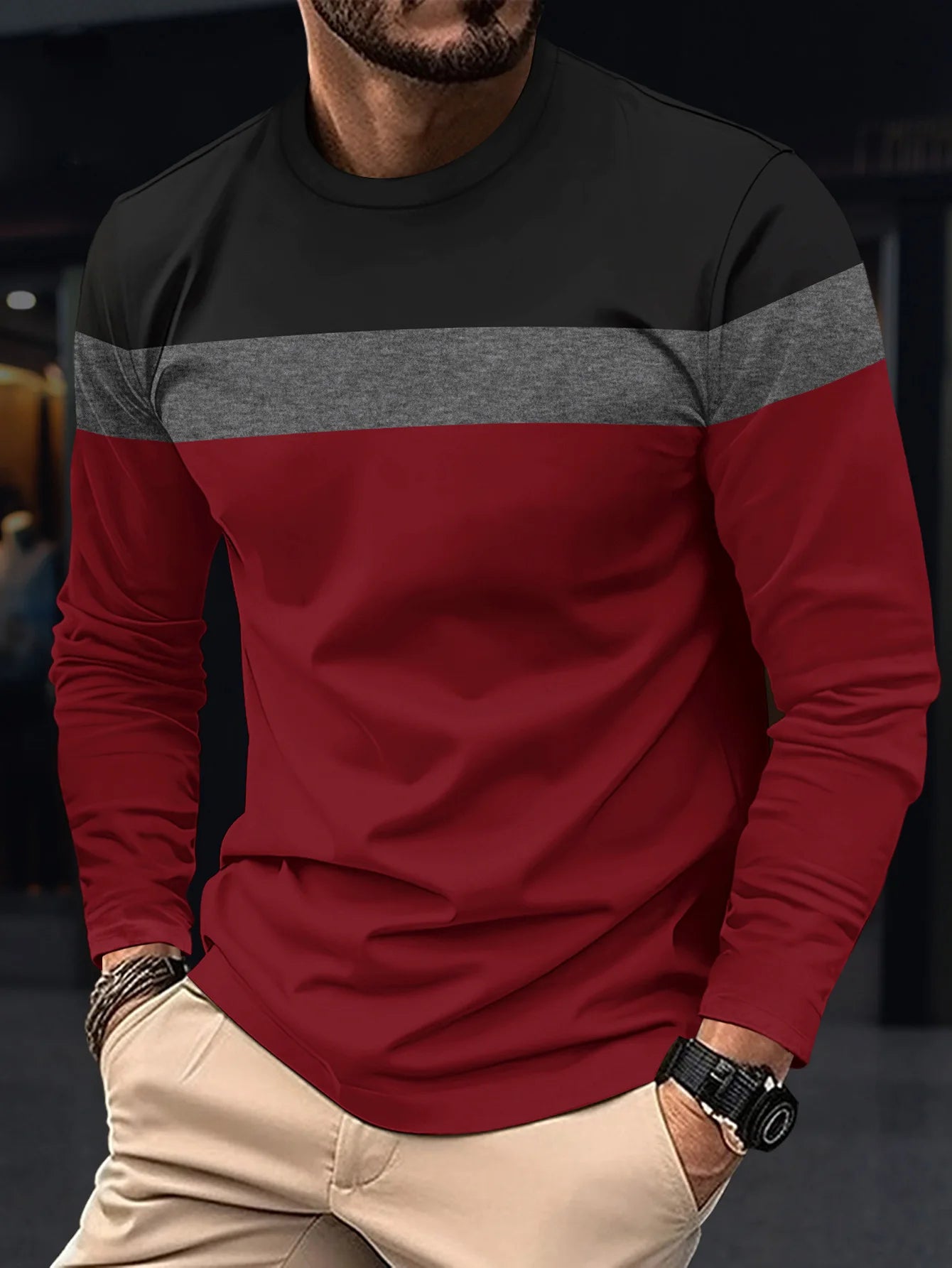 New Men's Casual Round Neck Long Sleeved T-shirt casual tops