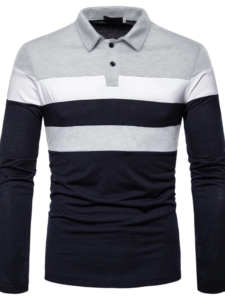 Fashion Men Long Sleeve Polo Shirt Splicing