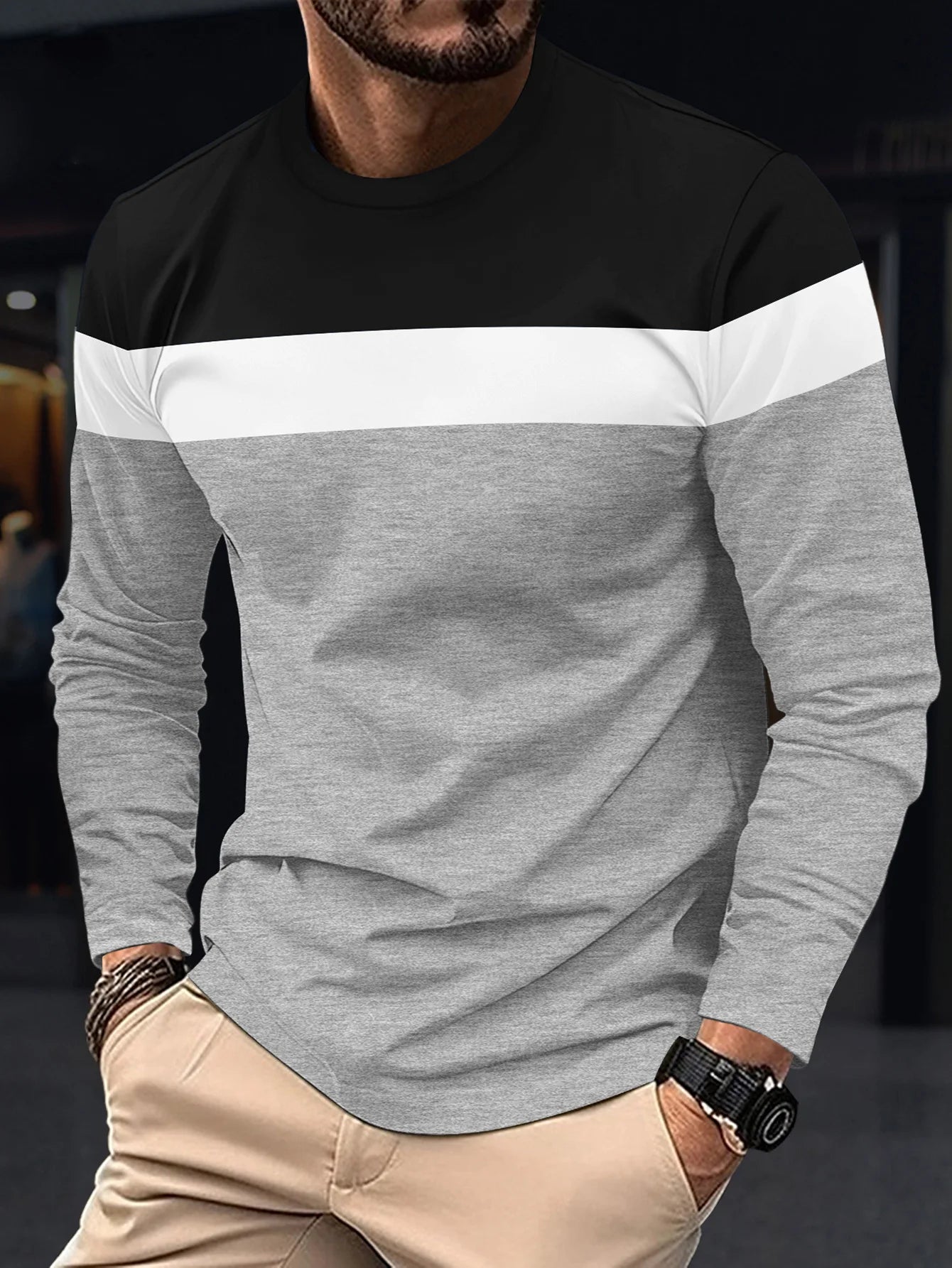 New Men's Casual Round Neck Long Sleeved T-shirt casual tops