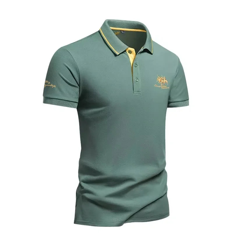 summer Men's Short Sleeve Embroidered Polo T-Shirt Lightweight Casual Vintage Business