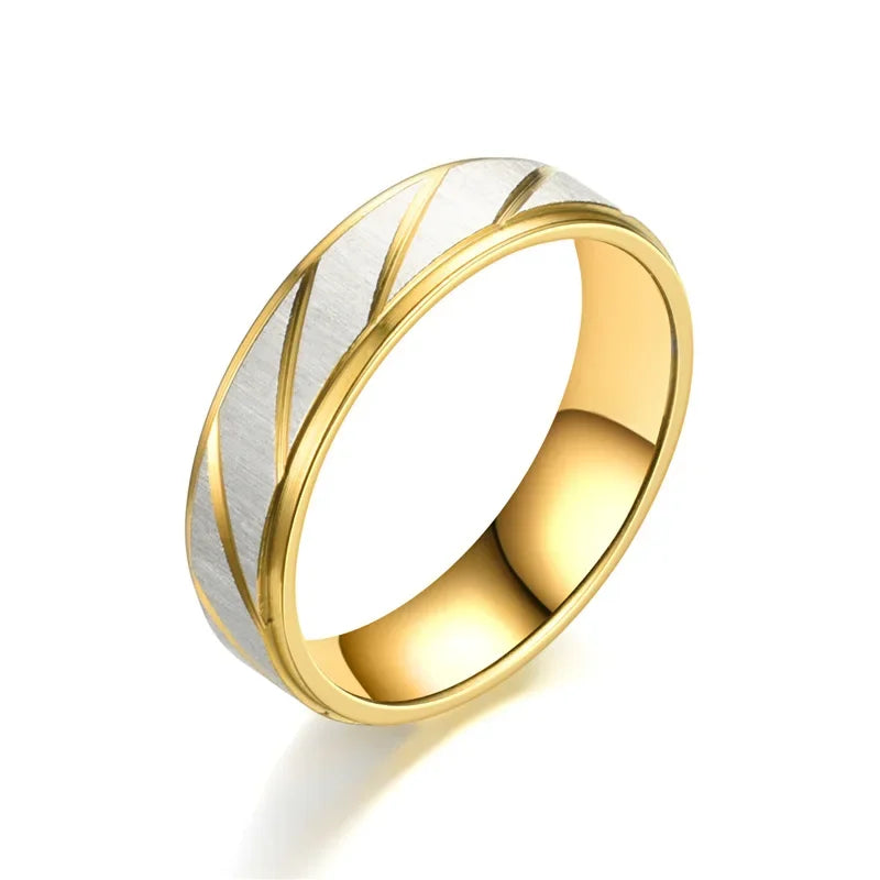 Fashion Gold Stripes Couple Rings 6mm 4mm Stainless Steel