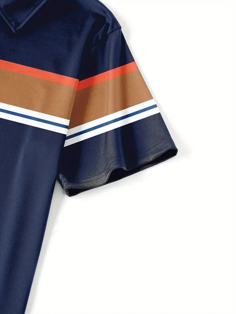 Men's Casual Striped Printed Golf Shirt - Breathable Polyester Fiber