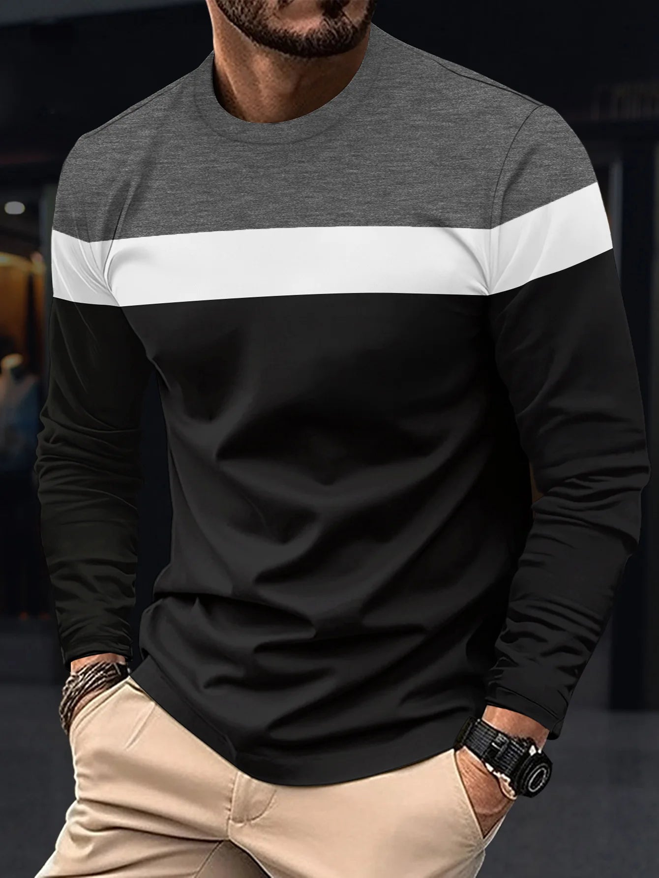 New Men's Casual Round Neck Long Sleeved T-shirt casual tops