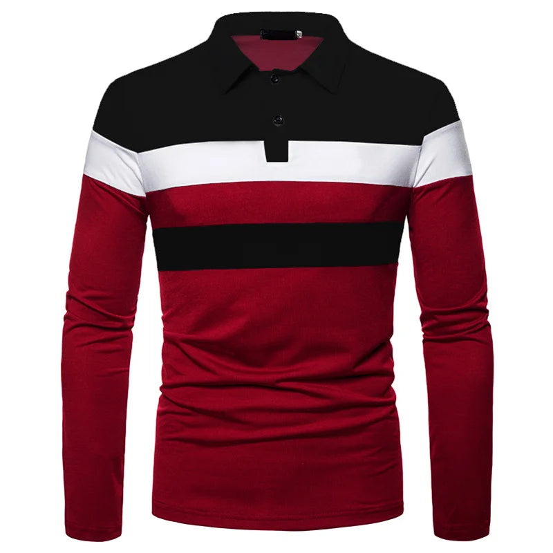 Fashion Men Long Sleeve Polo Shirt Splicing