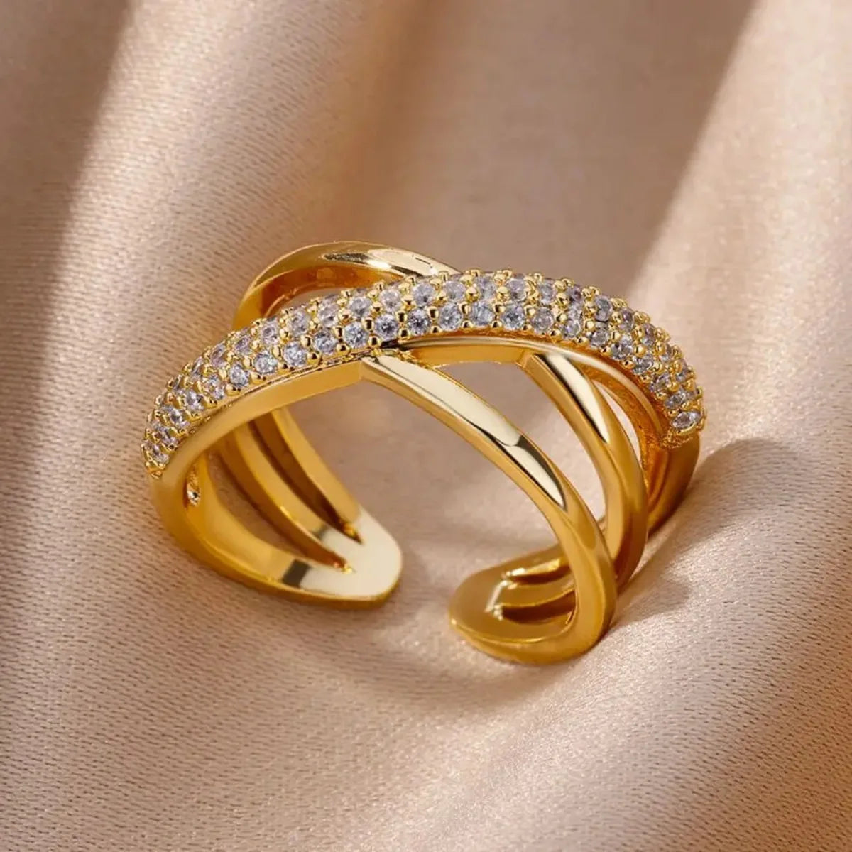 Zircon Double Crossed Shape Rings For Women Gold Plated Stainless Steel Cross Ring Luxury Wedding Couple Rings Aesthetic Jewerly