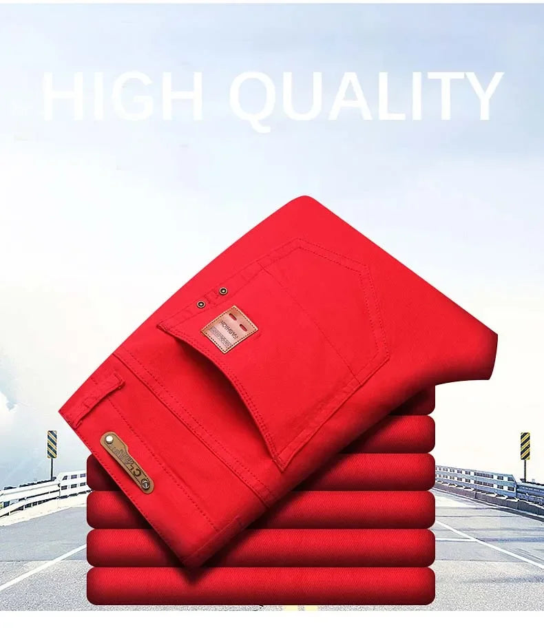 2024 Autumn New Men's Bright Stretch Fit Jeans Trendy Denim Straight-leg Trousers Male Red Lake Blue Yellow Trousers