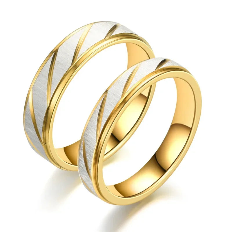 Fashion Gold Stripes Couple Rings 6mm 4mm Stainless Steel