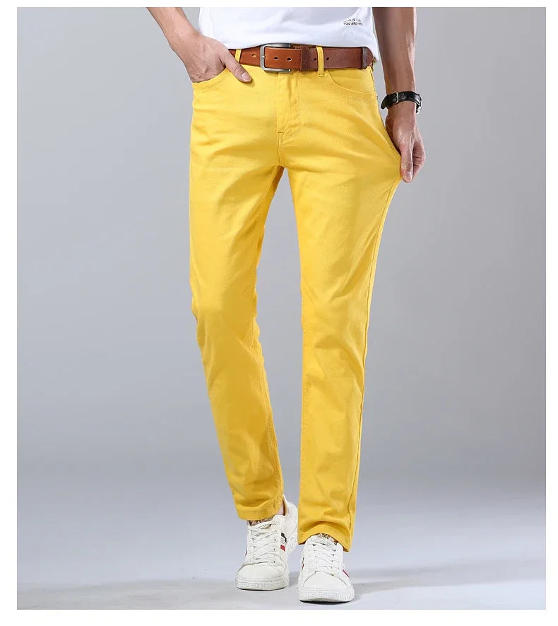 2024 Autumn New Men's Bright Stretch Fit Jeans Trendy Denim Straight-leg Trousers Male Red Lake Blue Yellow Trousers