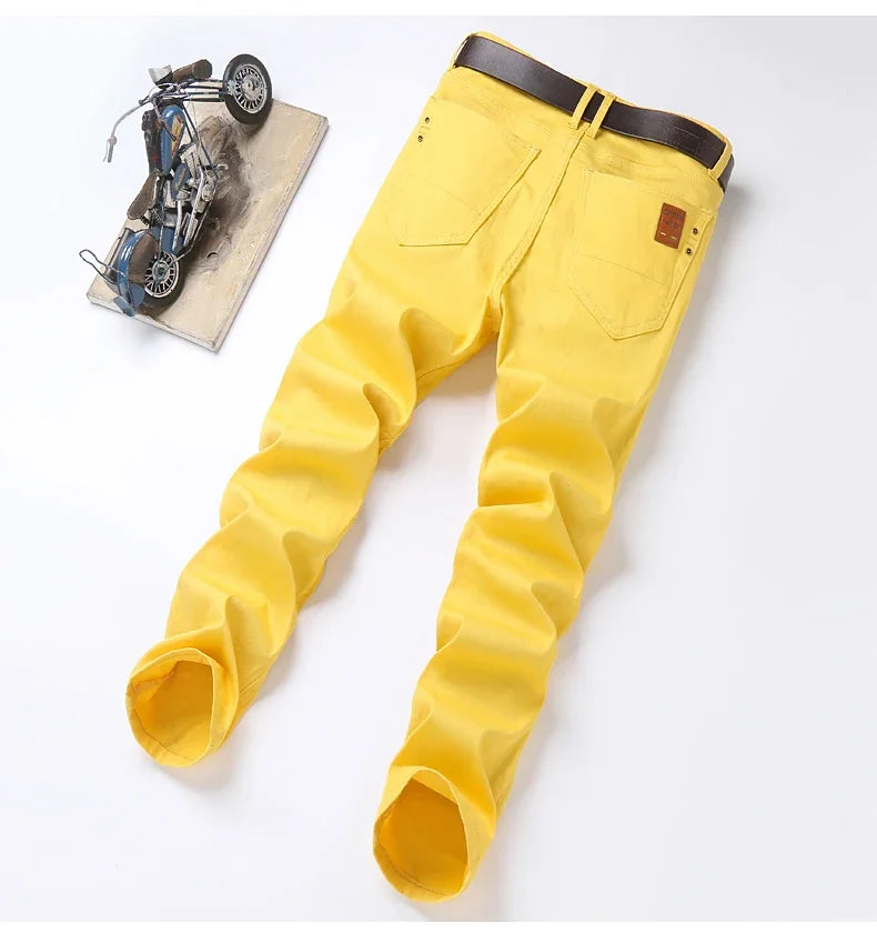2024 Autumn New Men's Bright Stretch Fit Jeans Trendy Denim Straight-leg Trousers Male Red Lake Blue Yellow Trousers